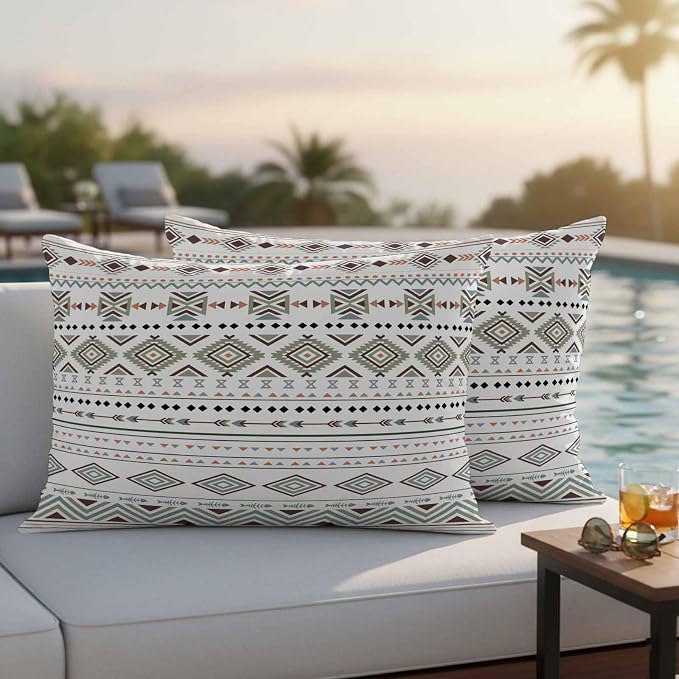 Sage Green Boho Outdoor Pillow Covers 20x12 Inch Lumbar Pillow Covers Set of 2 Waterproof Decorative Throw Pillow Cases Vintage Ethnic Tribe Abstract Art Cushion Covers for Patio Furniture Garden