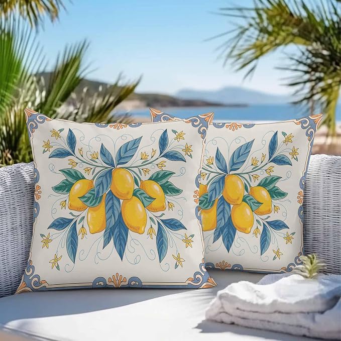 Throw Pillow Covers 20x20 Inch Set of 2, Yellow Blue Lemon Waterproof Outdoor Cushion Covers, Summer Botanical Farmhouse Decorative Pillowcases for Couch, Sofa, Bed, Garden, Patio