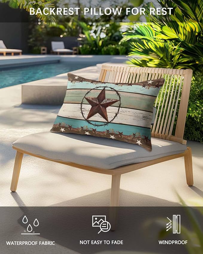 Brown Texas Star Teal Outdoor Lumbar Pillow Covers 12"x20" Set of 4, Decorative Throw Pillow Covers for Patio, Vintage Country Star Turquoise Wooden Waterproof Cushion Case for Pool Beach Chair
