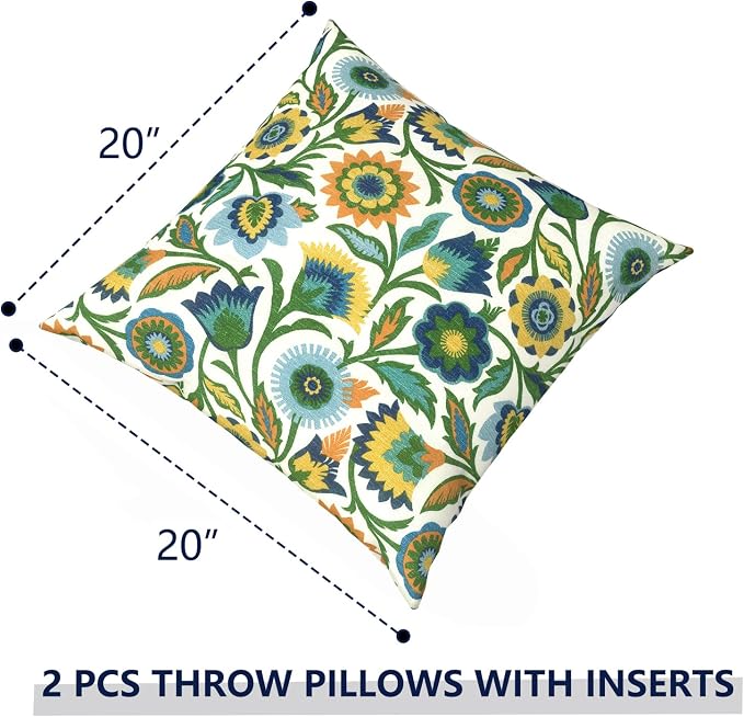 Outdoor Pillows with Insert 20x20 Inch, Waterproof Throw Pillow for Patio Furniture, Decorative Back Cushion for Garden Home Sofa Office Chair, Set of 2, Fiesta Floral