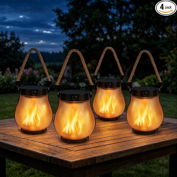 4 Pack Solar Flame Lanterns Outdoor Waterproof | USB & Solar Powered, Waterproof, 2 Modes, Auto On/Off, Garden Fall Porches Table Decor