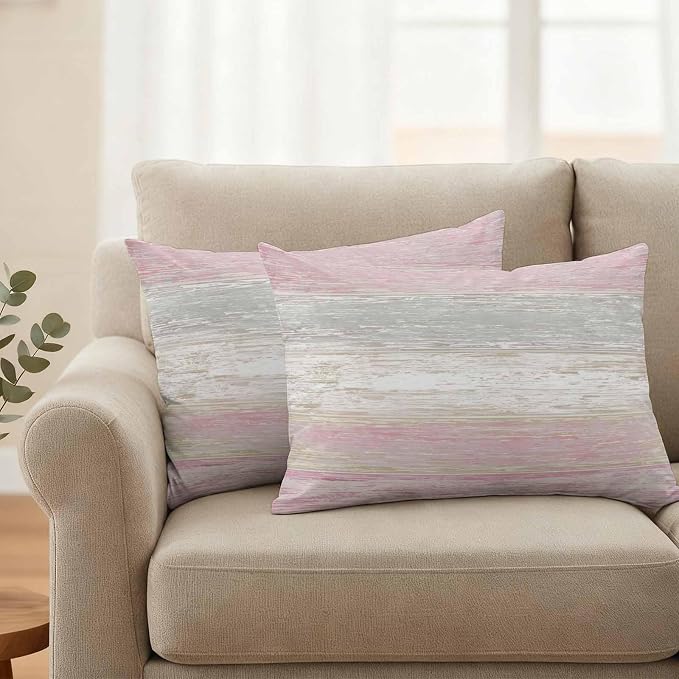 Outdoor Waterproof Throw Pillow Covers, Vintage Pink Grey Decorative Pillow Cases, Farmhouse Barn Wooden Striped Couch Pillow Protector Patio Sofa Cushion Covers Replacement 20"x12" 2 Pack