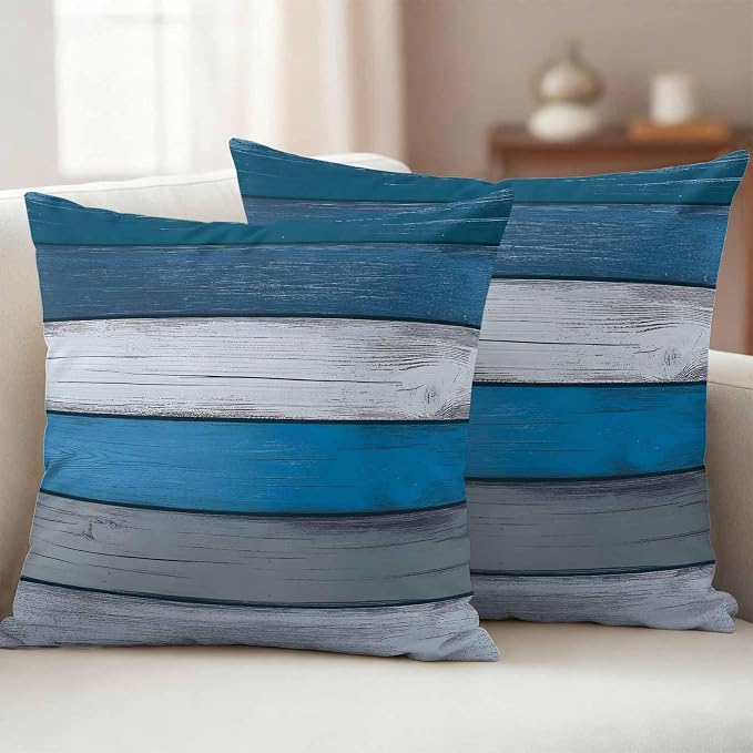 Coastal Style Outdoor Waterproof Throw Pillow Covers Set of 2, 18"x18", Retro Blue Grey Stripes Wood Texture Decorative Pillow Covers Outside Cushion Case for Patio Porch Garden