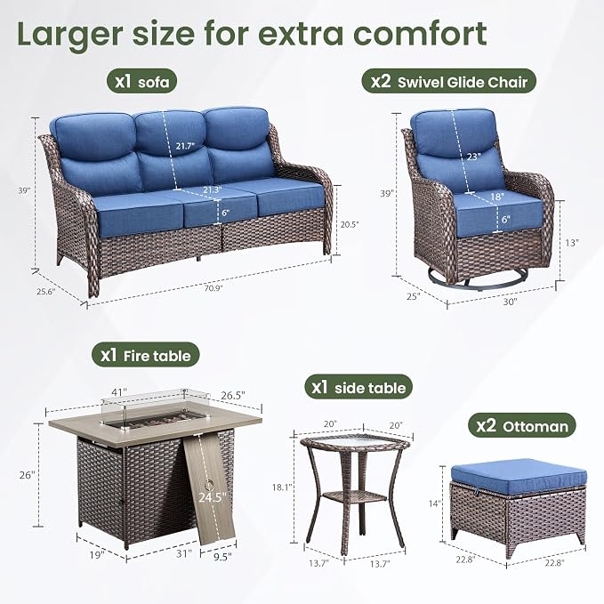Luxury Patio Furniture Set with 6-inch Thick Cushion, Outdoor Furniture with Fire Pit Table, Swivel Chairs, Sofa, Side Table, Ottomans, 7pcs Wicker Conversation Set(Brown Wicker/Blue Cushion)