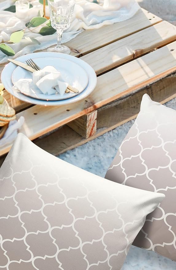 Outdoor Pillows 24x24 Waterproof Outdoor Pillow Covers, Beige Ombre Texture Polyester Throw Pillow Covers Garden Cushion Decorative Case for Patio Couch Decoration Set of 2, Moroccan Pattern