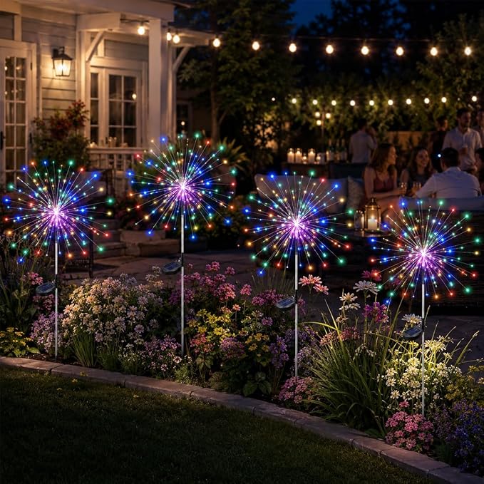 Solar Firework Lights Outdoor 4 Pack, 120LED Solar Starburst Garden Lights with 8 Modes, Waterproof Decorative Sparkle Light for Backyard, Garden, Patio Lawn Landscape & Halloween Decor