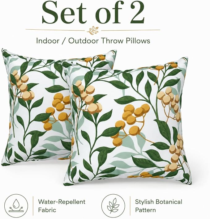 Outdoor Throw Pillows 18×18 Inch Waterproof Pillows with Inserts | Set of 2 Fade Resistant Decorative Square Pillows for Couch, Sofa and Patio Furniture