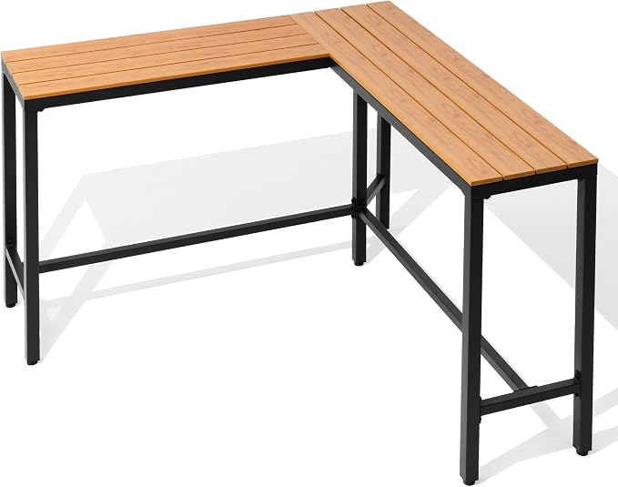 Crestlive Products Outdoor Bar Table, L-Shaped 55'' All-Weather Metal Frame with Slatted Tabletop, Patio Pub Counter Height High Top Table for Balcony, Backyard, Bistro, Garden, and Poolside, Brown