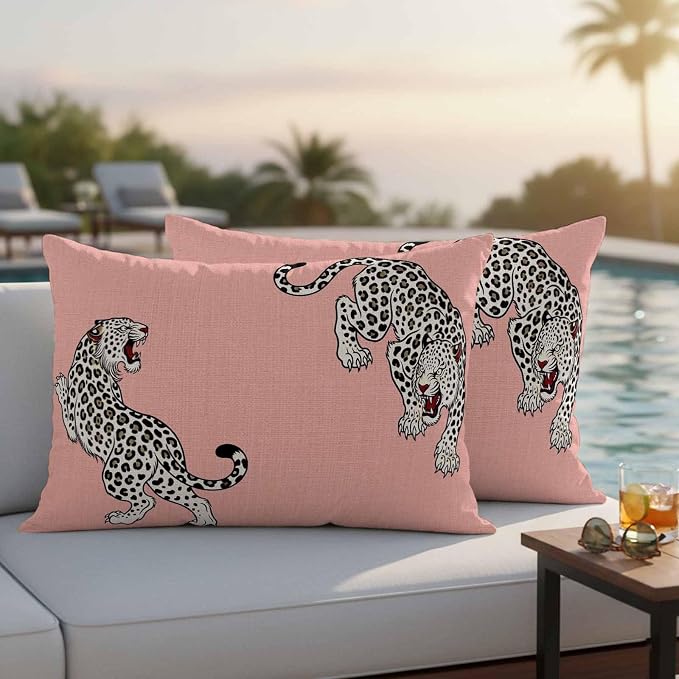 Vandarllin Outdoor Throw Pillows Covers 20x12 inch Set of 2 Waterproof Pink Leopard Decorative Zippered Cushion Covers for Patio Furniture, Bohemian Animal Print Lumbar Pillowcases