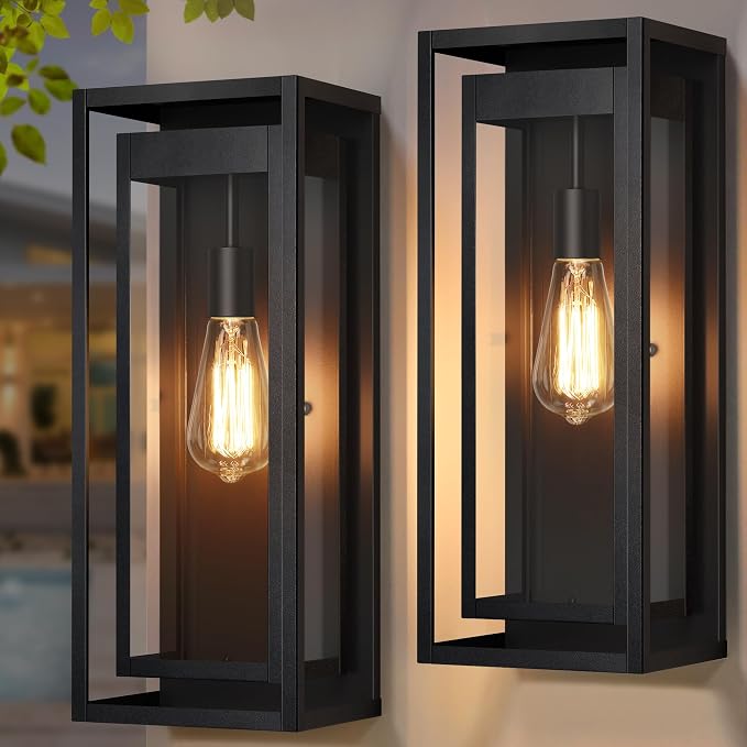 19" Outdoor Wall Lights, 2 Pack Large Size Matte Black Outdoor Sconce Lights with Clear Glass Shade, Waterproof Porch Lighting Exterior Light Fixture for Front Door, Garage