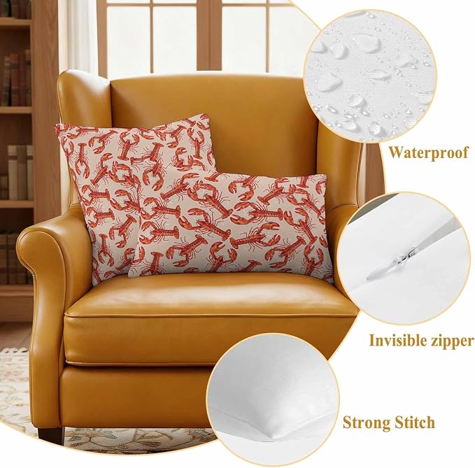 Summer Marine Life Outdoor Waterproof Throw Pillow Covers 18"x18" Set of 2, Farmhouse Red Lobster Decorative Garden Pillowcase with Zipper Cushion Case for Patio Couch Tent