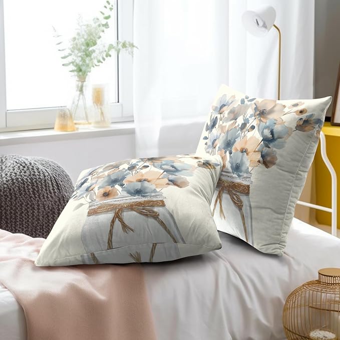 Watercolor Floral Throw Pillow Covers 22x22 Inch Set of 2, Rustic Grey Tan Flowers Decorative Pillowcase Zippered Squre Cushion Cover Farmhouse Decor for Sofa Couch Living Room Outdoor