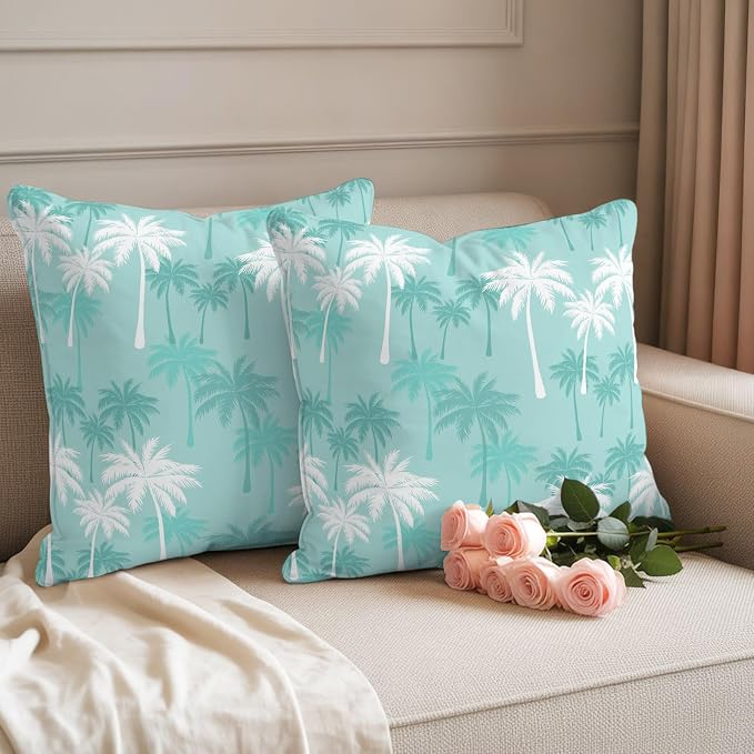 Throw Pillow Covers 24x24 Inch Set of 2, Tropical Palm Tree Waterproof Outdoor Pillow Covers, Turquoise White Plants Coastal Leaf Beach Decorative Cushion Pillowcases for Patio, Garden, Couch, Sofa
