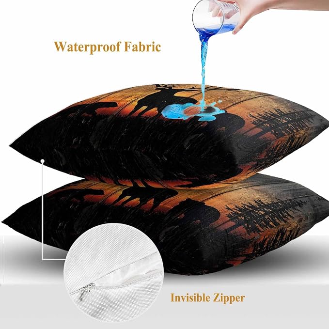 Yukro Wildlife Scene Outdoor Waterproof Pillow Covers Pack of 2, Nature Deer Bear Pine Trees Silhouette Sunset Throw Pillowcases Decorative Cushion Covers for Garden Patio Tent Sofa Couch, 16x16 inch