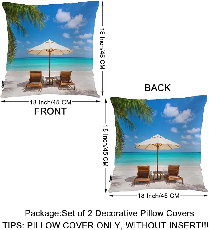 Swono Set of 2 Decorative Throw Pillow Covers Turquoise Sea, Tropical Ocean Beach Chair Palms Farmhouse Pillowcases Accent Pillow Cushion Cover for Couch Sofa Bed Office Armchair 18 X 18 Inch