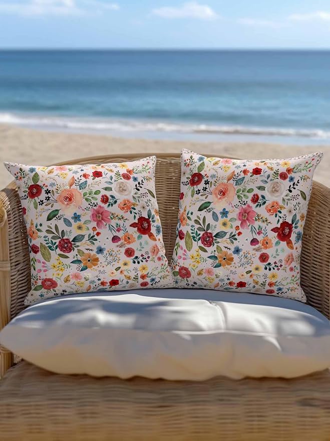 Outdoor Waterproof Throw Pillows Watercolor Leaf Colorful Bloom Floral Patio Pillows,Decorative Pillow Covers with Insert,Pillow Cushion Case for Garden Couch Sofa Vintage Country on Pink
