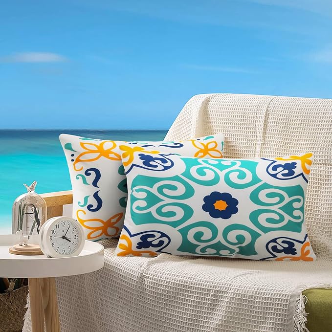 Pyonic Outdoor Waterproof Lumbar Pillow Covers 12x20 Inch Set of 4 | Floral Printed and Boho Farmhouse Outdoor Pillow Covers for Patio Funiture Garden ,Blue