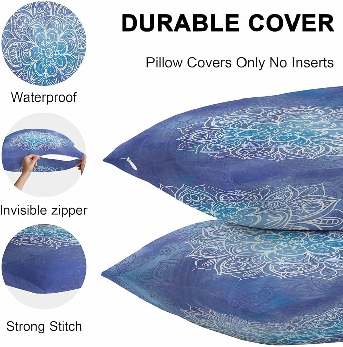 Vandarllin Outdoor Throw Pillows Covers 24x24 inch Set of 2 Waterproof Blue Boho Floral Decorative Zippered Cushion Covers for Patio Furniture, Bohemian Flower Lumbar Pillowcases