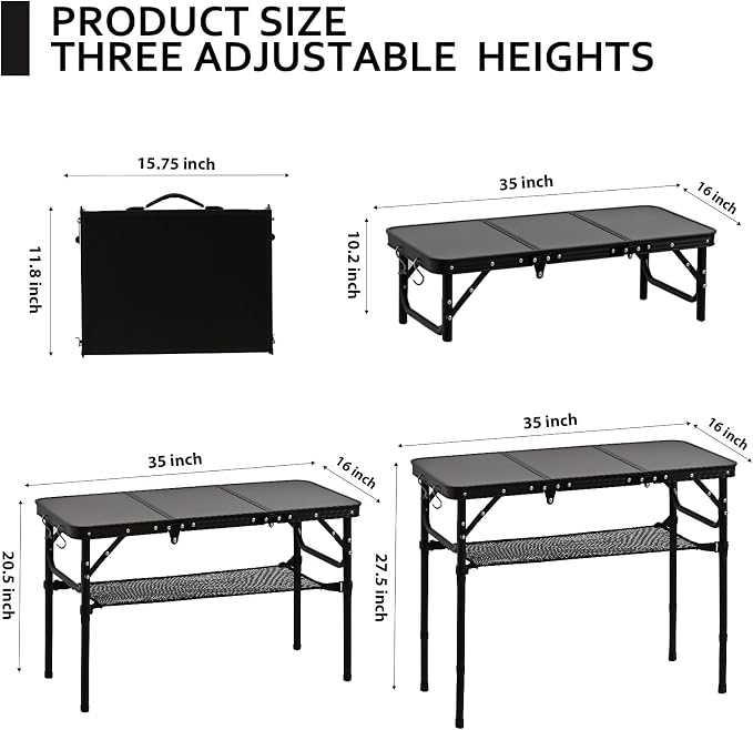 YihuiKo Folding Picnic Table with Storage Net, Matte Black Aluminum Folding Table 35" x 16", Adjustable Height Max 27.5", Lightweight Portable for Camping Travel