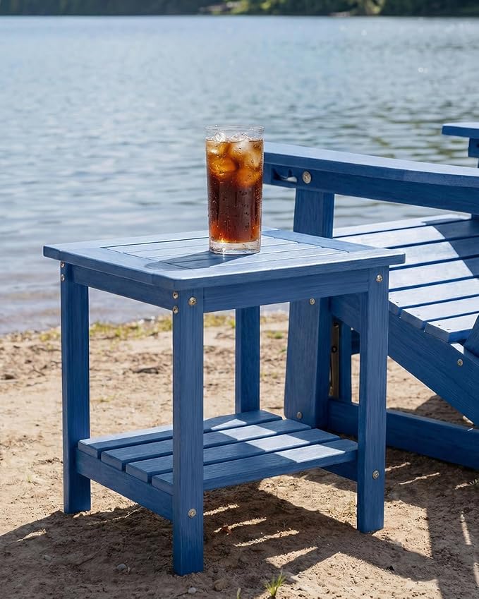 Kibaso-Adirondack Outdoor Side Table, 2-Tier HDPE Outdoor End Table, Weather Resistant Easy Maintenance, Small Patio Side Table for Patio, Pool, Porch, Garden, Lawn, and Living Room (2, Blue)