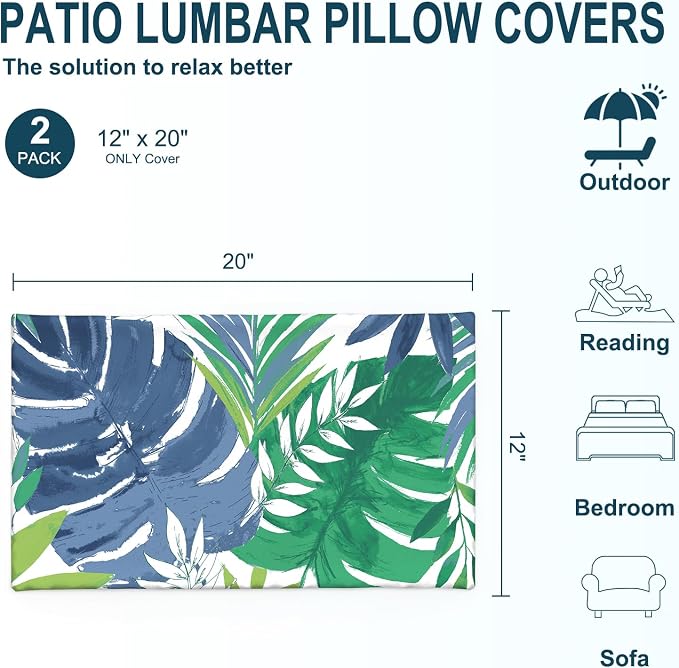 DYTXIII Pack of 2 Outdoor Waterproof Lumbar Pillow Covers ONLY, 12x20 Rectangle Decorative Double Printed Pillow Cases for Patio Couch Porch Furniture - Islamorada Blue Green