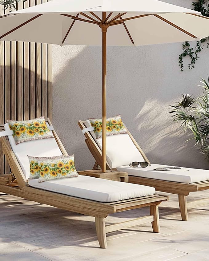 Farmhouse Sunflower Outdoor Lumbar Pillow Covers 11"x16" Set of 2, Decorative Throw Pillow Covers for Patio, Beige Brown Vintage Floral Botanical Waterproof Cushion Case for Pool Beach Chair