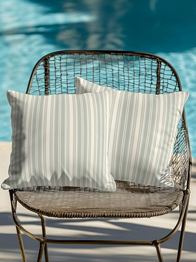 Waterproof Outdoor Pillow Set of 2 Sage Green Stripes Decorative Throw Pillows Cover & Insert 18x18 Inch Pillowcase White Lines Lines Square Pillows for Couch Sofa Bed Patio Furniture Indoor Outdoor