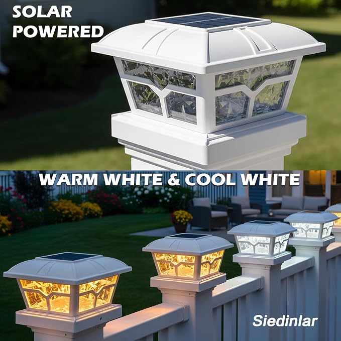 SIEDiNLAR Solar Post Cap Lights Outdoor 2 Color Modes 8 LEDs for 4x4 5x5 6x6 Posts Fence Deck Patio Decoration Warm White & Cool White Lighting White (1 Pack)