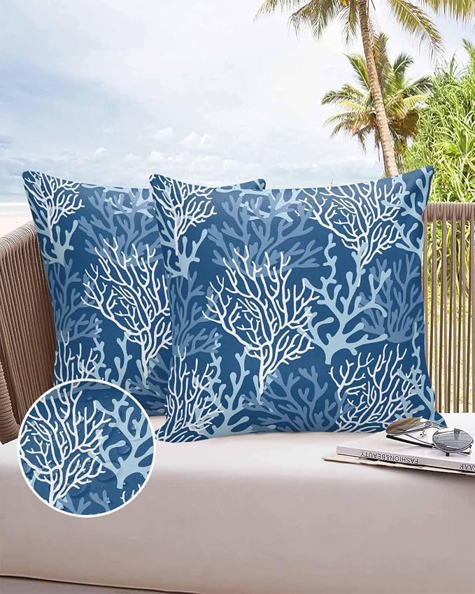 Pack of 2 Outdoor Pillow Covers 18x18 Waterproof Navy Blue Coral Throw Pillow Covers, Decorative Pillowcases Summer Coastal Beach Ocean Cushion Covers for Patio Garden Couch Pillow Case