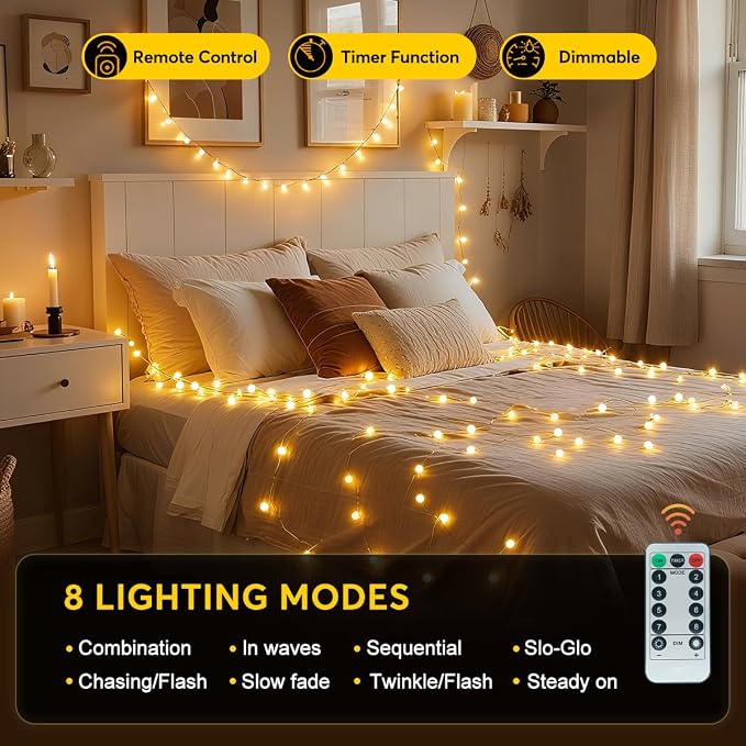 RaThun 49.2ft Globe String Lights with Remote for Indoor Bedroom Warm White | 100 LED Fairy Lights with Timer, 8 Modes, 16ft Extended Lead, Linkable for Bedroom,Dorm,Classroom,Christmas,Indoor Decor