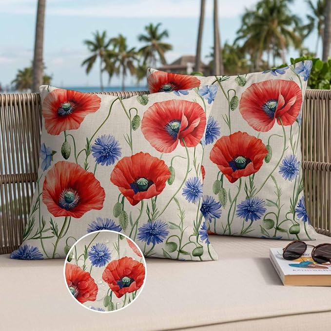 Red Blue Flowers Waterproof Outdoor Pillow Covers Set of 2 Home Decor, Patriotic Poppy Floral Summer Country Pillowcase Patio Pillow Covers for Couch Bench Furniture Garden 20x20in