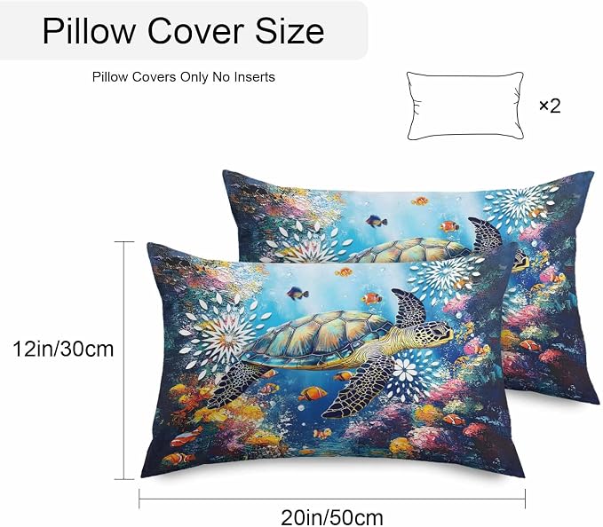 Turtle Waterproof Outdoor Pillow Covers Set of 2 Home Decor, Ocean Fish Coral Underwater World Cartoon Pillowcase Patio Pillow Covers for Couch Bench Furniture Garden 20x12in
