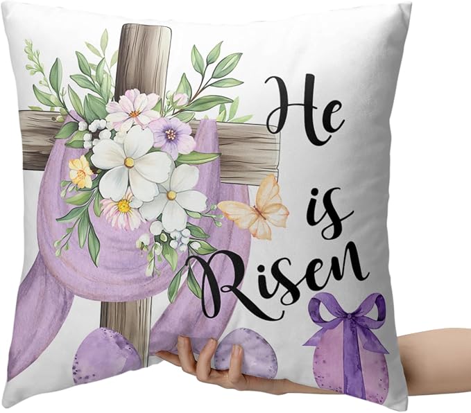 Set of 2 Easter Pillow Covers 16x16 Bunny Eggs Throw Pillow Covers Floral Cross He is Risen Pillow Cases Purple Happy Easter Decorative Pillowcases for Home Outdoor Spring Decor