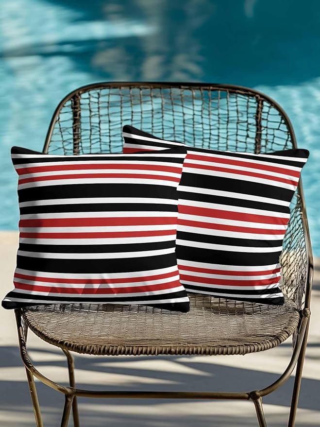 Outdoor Waterproof Throw Pillows Black Red Contrast Monochromatic Tones Patio Pillows Pack of 2,Decorative Pillow Covers with Insert,Pillow Cushion Case for Garden Couch Sofa Geometric Line