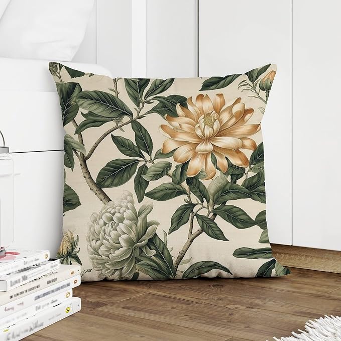 Pillow Cover Green and White Chinoiserie Floral Cushion Cover Modern Golden Lotus Flower Pillow Cover Accent Outdoor Waterproof Decorative Pillow Cover for Patio Couch Tent Sofa 16x16 in