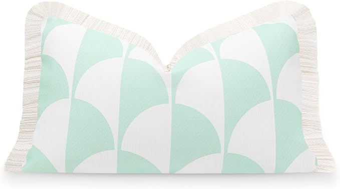 Hofdeco Premium Fall Coastal Patio Indoor Outdoor Lumbar Pillow Cover Only, 12"x20" Water Repellent for Backyard, Couch, Muted Aqua Scale Motif Fringe