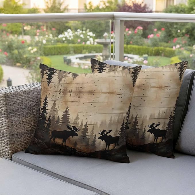 Nature Landscape Outdoor Waterproof Pillow Covers Pack of 2, Rustic Moose Forest Pine Silhouettes Wildlife Throw Pillowcases Decorative Cushion Covers for Garden Patio Tent Sofa Couch, 26x26 inch