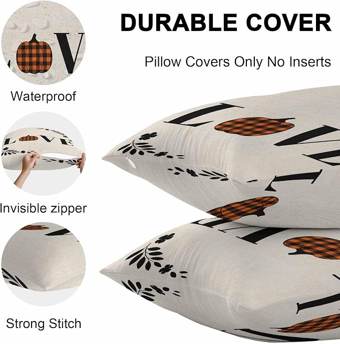 Orange Pumpkin Outdoor Waterproof Pillow Covers, Fall Leaves Love Heart Beige Pastoral Decorative Square Throw Pillowcase Sofa Cushion Sham for Patio/Couch/Chair, 18"x18" 2 Pack