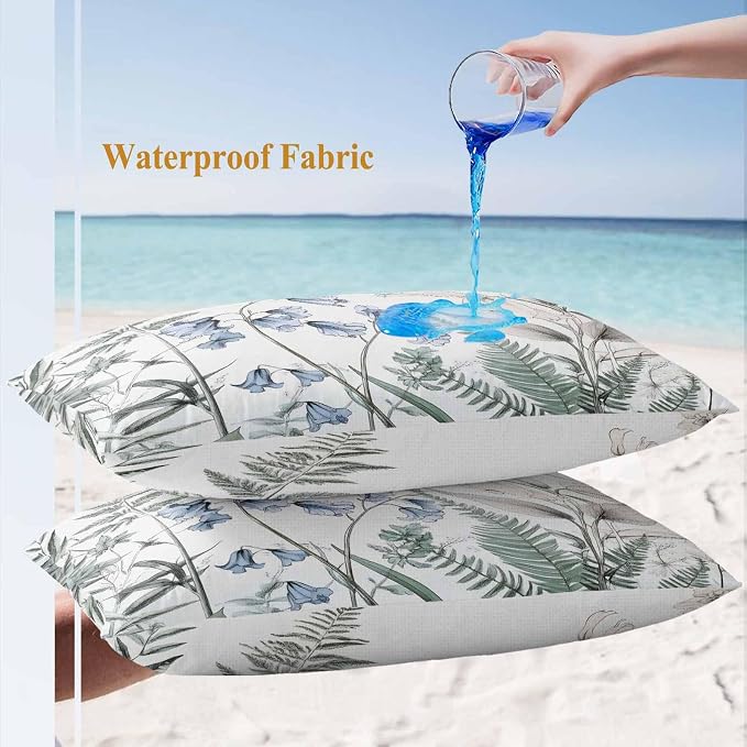 Lumbar Pillow Covers 20x12 Inch Set of 2, Blue Beige Floral Waterproof Outdoor Pillow Covers, Farmhouse Botanical Decorative Cushion Pillowcases for Couch, Sofa, Bed, Garden, Patio