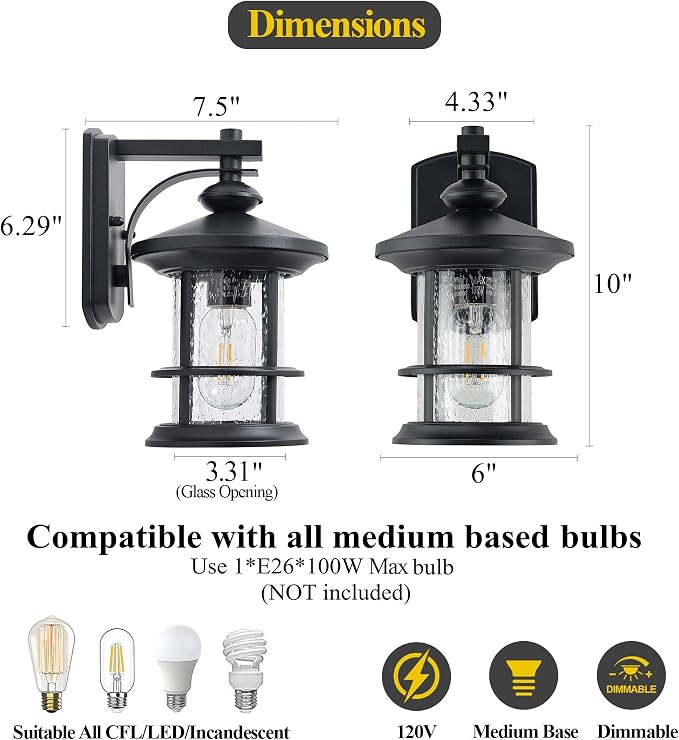 MICSIU 100W Max Modern Industrial Black Outdoor Sconce Lantern Light | 2 Pac 10 Inch Metal Exterior Wall Light with Clear Seedy Glass, Anti-Rust Outside Lighting for Entryway, Garage, Bathroom