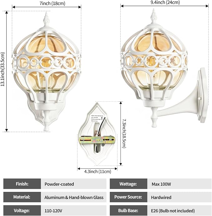 White Globe Outdoor Wall Lights, Round Exterior Wall Sconce for Patio, Porch, Entryway, Anti-Rust Aluminum Wall Mount Lighting Fixture, Outside Wall Lantern with Amber Glass & Ornate Cage, E26 Base
