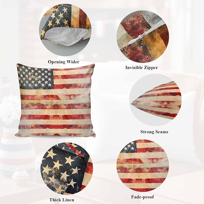 Independence Day Outdoor Pillow Covers 18"x18" Set of 2, Retro Country American Flag Waterproof Throw Pillow Covers for Patio Furniture, Decorative Cushion Covers for Porch
