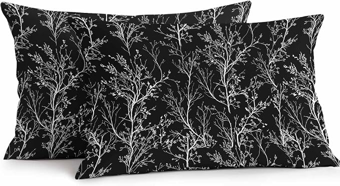 Black Branches Waterproof Outdoor Pillow Covers Set of 2 Home Decor, Abstract Art Leaves Plant Lumbar Pillowcase Patio Pillow Covers for Couch Bench Patio Furniture Garden 20x12in