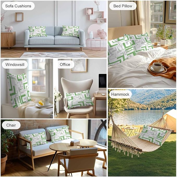 Vandarllin Outdoor Throw Pillows Covers 20x12 inch Set of 2 Waterproof Green Geometric Stripes Decorative Zippered Cushion Covers for Patio Furniture, Modern Abstract Lines Lumbar Pillowcases