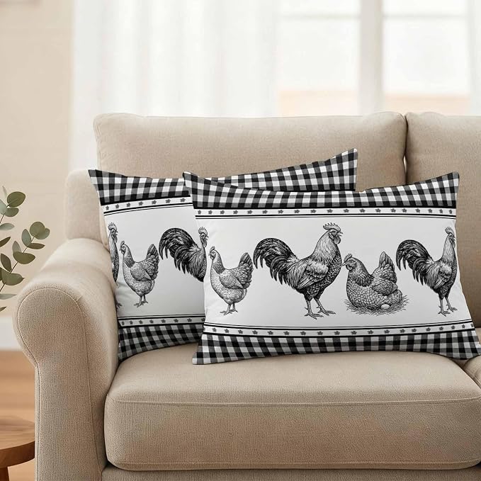 Navy Blue Rooster Outdoor Pillow Covers Waterproof, All Weather Cushion Case Set of 2, Vintage Farmhouse Black Plaid Lumbar Pillowcase for Sofa Couch Bed Decor Patio Furniture 20"x12"