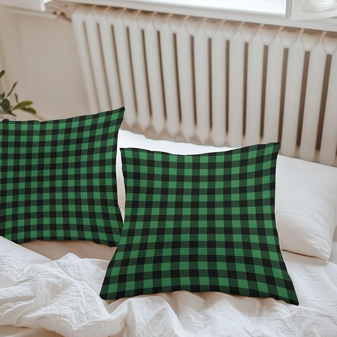 Forest Green Checks Outdoor Pillow Covers 18"x18" Set of 2, Black Gingham Plaid Abstract Modern Waterproof Throw Pillow Covers for Patio Furniture, Decorative Cushion Covers for Porch
