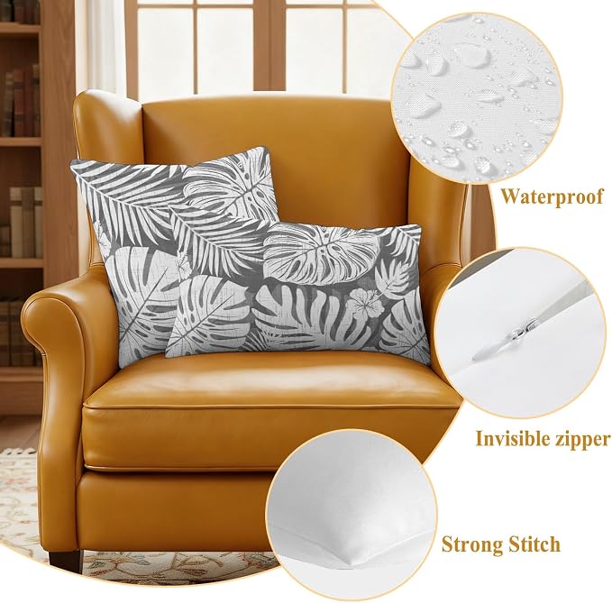 Grey Palm Leaves Outdoor Pillow Covers 26"x26" Set of 2, Tropical Botanical Modern Minimalist Waterproof Throw Pillow Covers for Patio Furniture, Decorative Cushion Covers for Porch