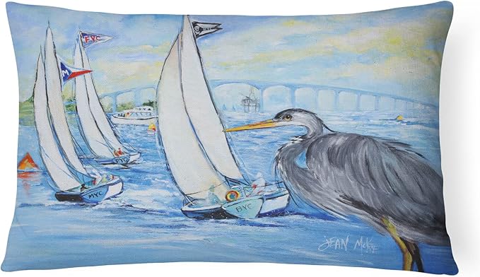 Caroline's Treasures JMK1001PW1216 Blue Heron Sailboats Dog River Bridge Canvas Fabric Decorative Pillow Machine Washable, Indoor Outdoor Decorative Pillow for Couch, Bed or Patio, 12HX16W
