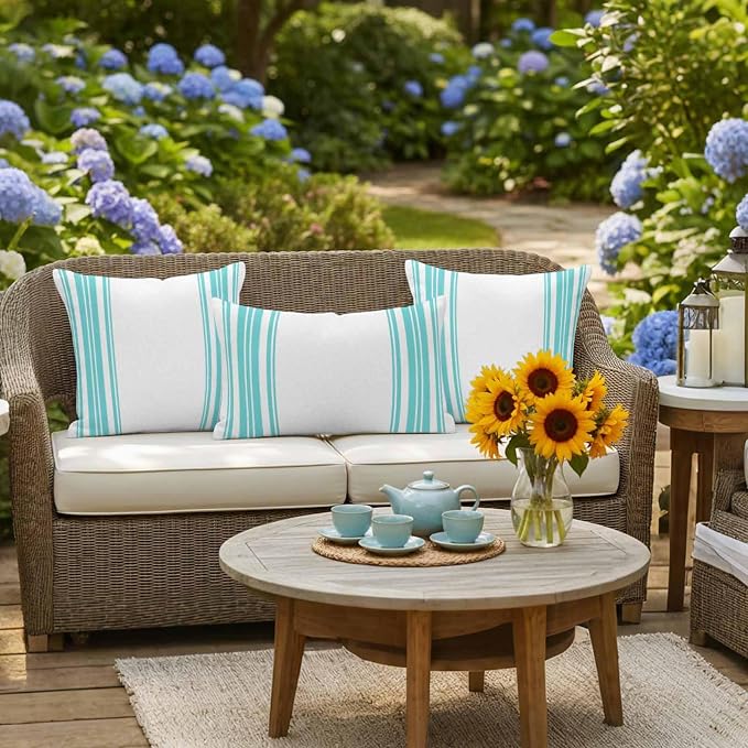 Outdoor Waterproof Throw Pillow Covers Set of 2 Turquoise Stripes Pillowcases 24x24 Inches White Vertical Striped Decorative Pillows Cushion Case Patio Pillows for Couch Bed Chair Garden