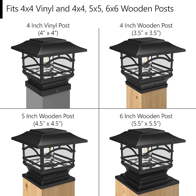 Edison Solar Outdoor Post Cap Lights - 4x4 5x5 6x6 - Bright LED Light for Fence Deck Garden or Patio Posts - Slate Black (1 Pack) | Slate Black, fence/deck/garden/patio posts, diecast aluminum & glass, bright 30lm warm white LED, auto-on, 8h, cordless,...